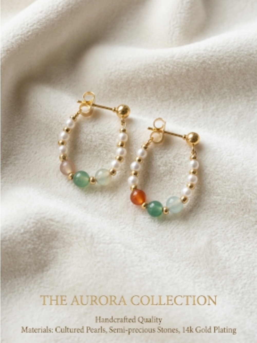 Gold Pearl Hoop Earrings with Multicolor Beads